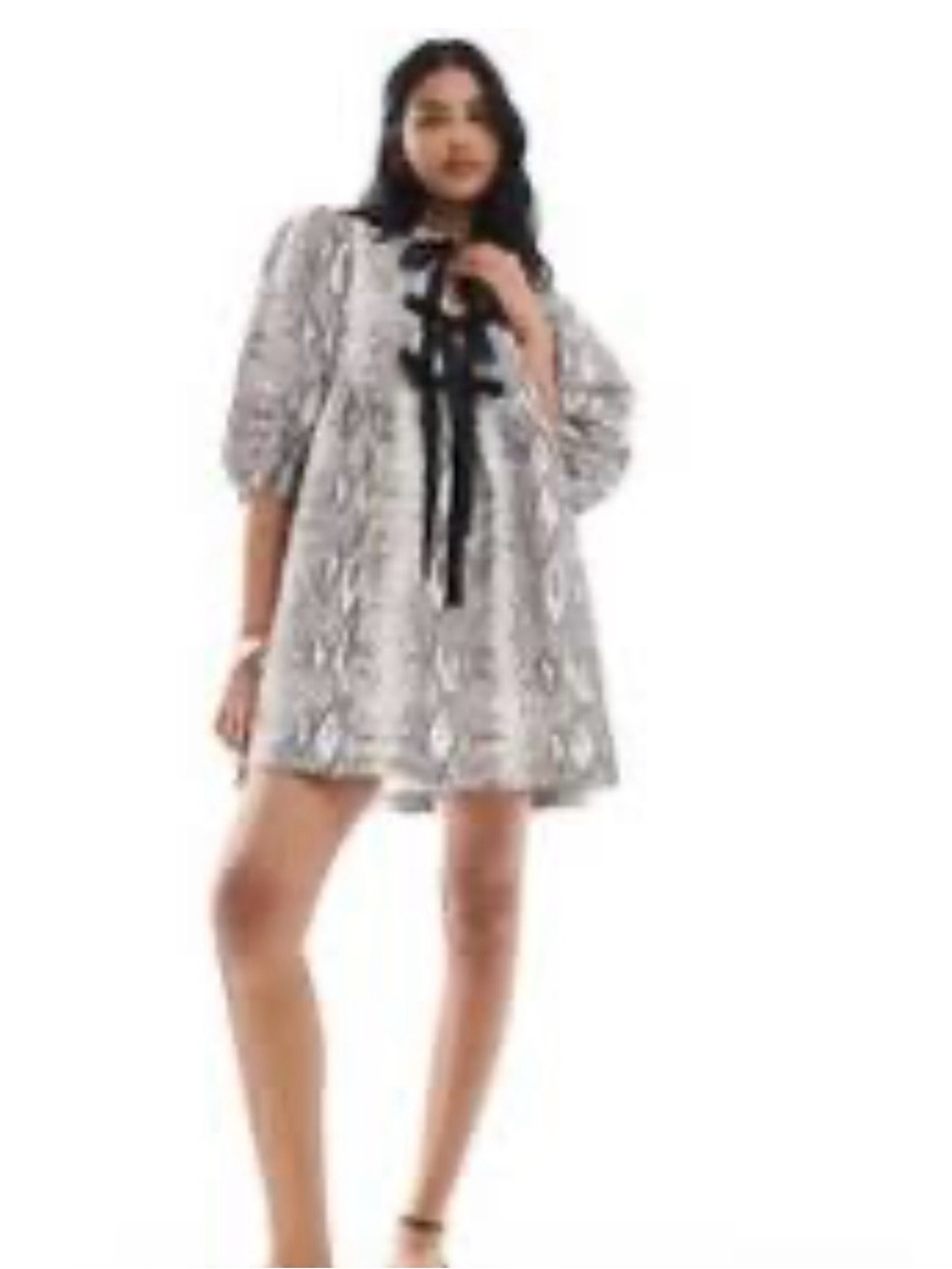 ASOS Design Gray White Snake Print Bow Tie Front Mini Dress NWOT Sz 10